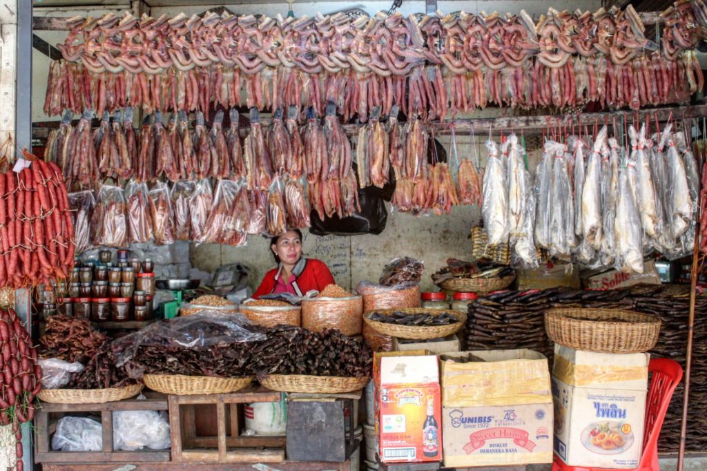 Meat being sold in one of the outermost booths of a Siem Reap, Cambodia food market