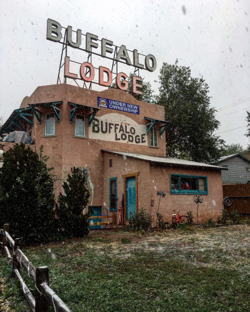 Buffalo Lodge Bicycle Resort Front with Snow, Manitou Springs Colorado 2017