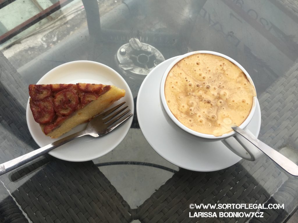 Egg Coffee and banana cake at Hidden Cafe Pho Co Hanoi Vietnam