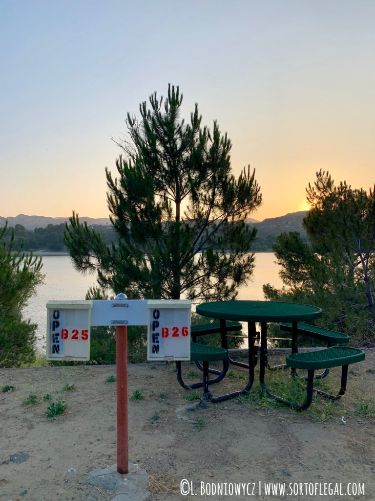 Castaic Lake Campground, Sunset View, California.  Female car camping.